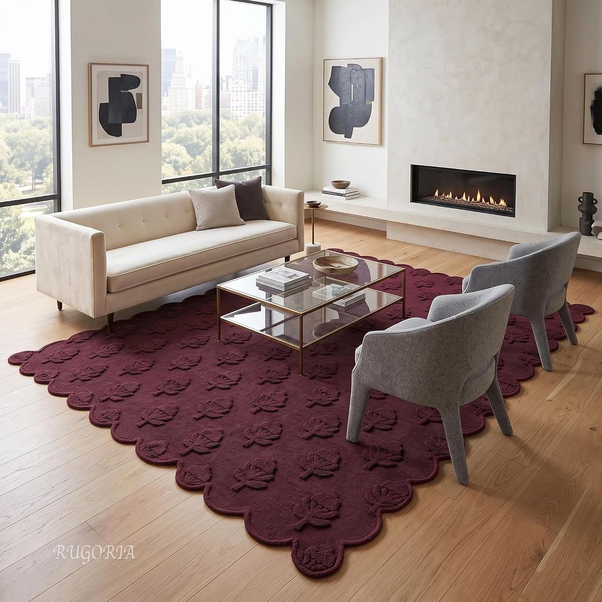 Hand Tufted Wool Rug, Floral Botanical Pattern with Scalloped
