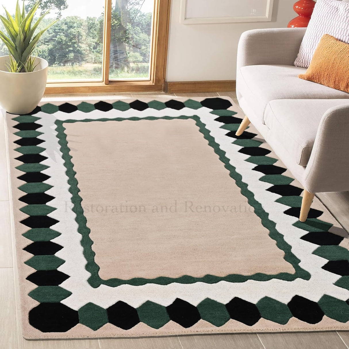 Hand-Tufted Wool Rug – Geometric Border Design in Black, Green & Beige