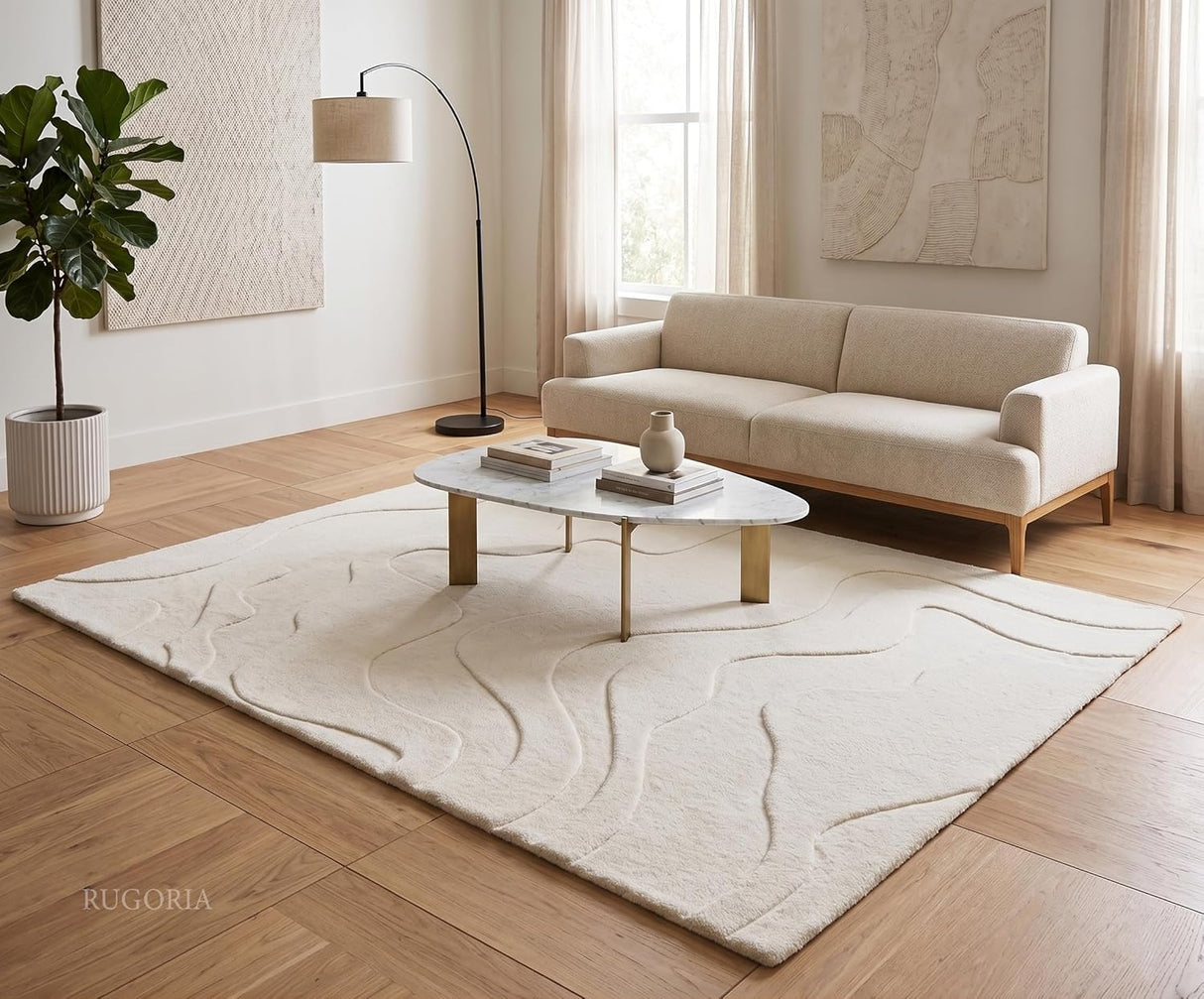 Modern Abstract Hand-Tufted Wool Area Rug Carved High-Low Pattern