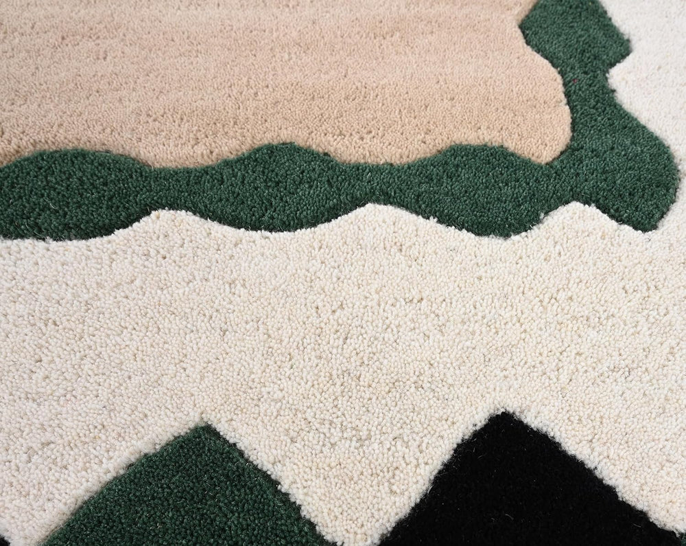 Hand-Tufted Wool Rug – Geometric Border Design in Black, Green & Beige
