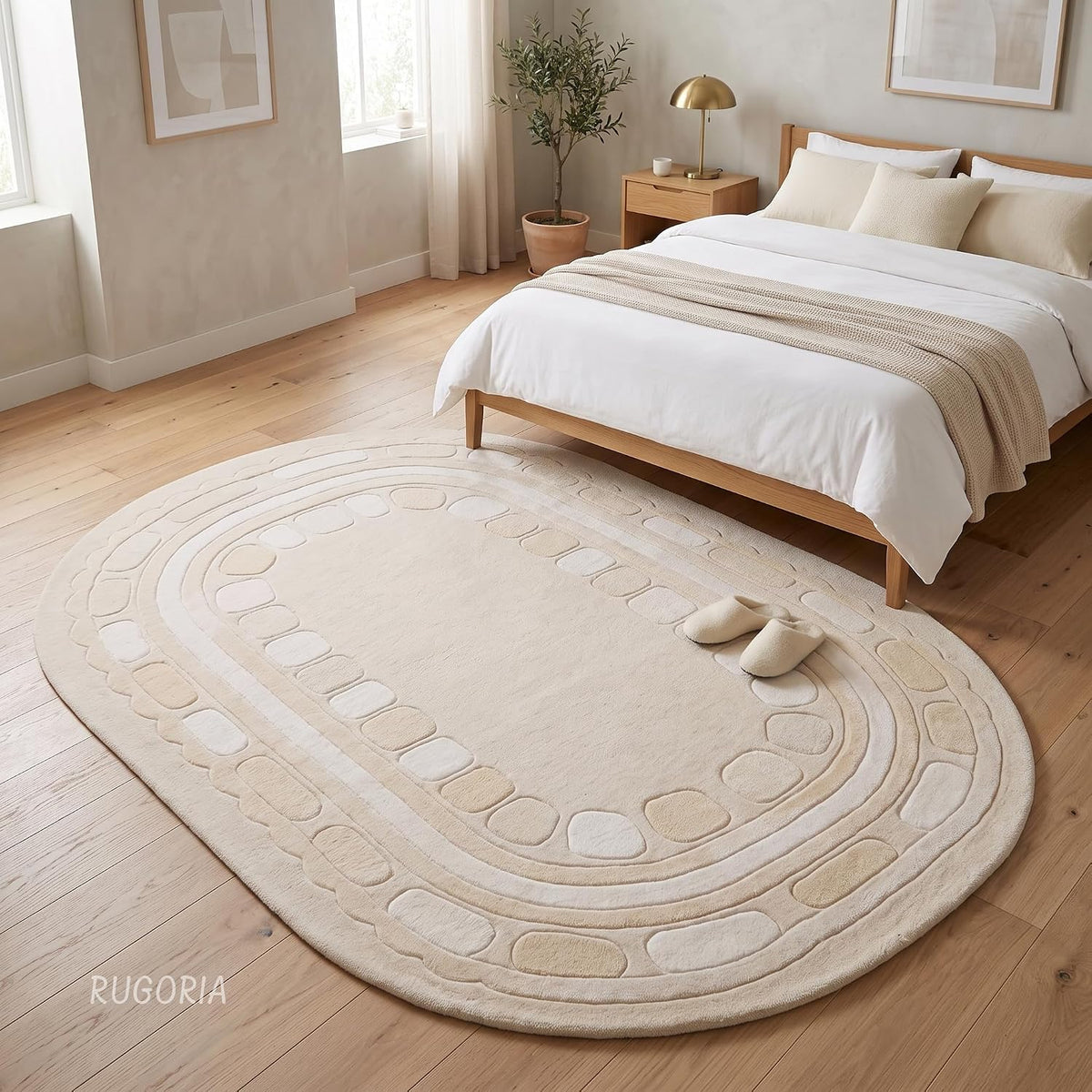 Hand Tufted Wool Rug, Rounded Rectangle Geometric Border Design,