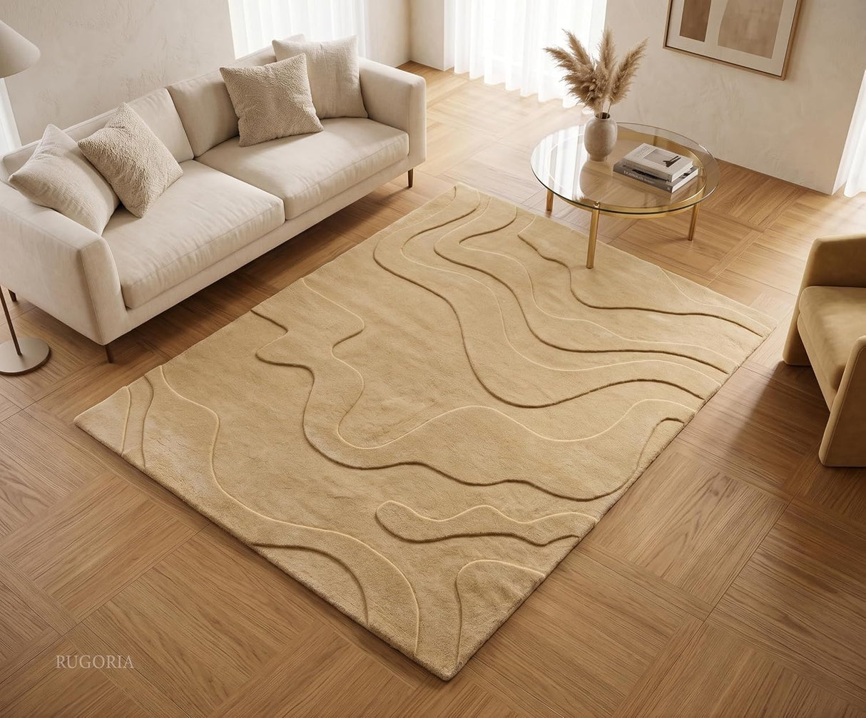 Modern Abstract Hand-Tufted Wool Area Rug Carved High-Low Pattern