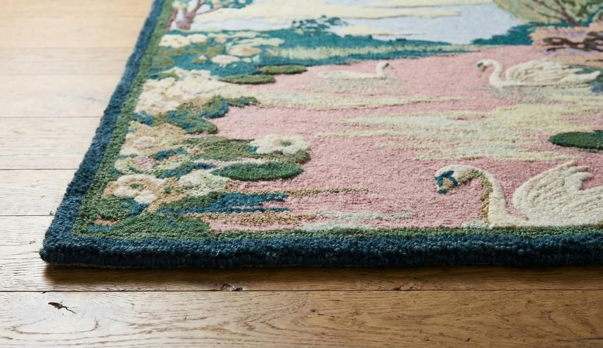 Hand-Tufted 100% Wool Rug – Swan Lake Scenic Floral Design