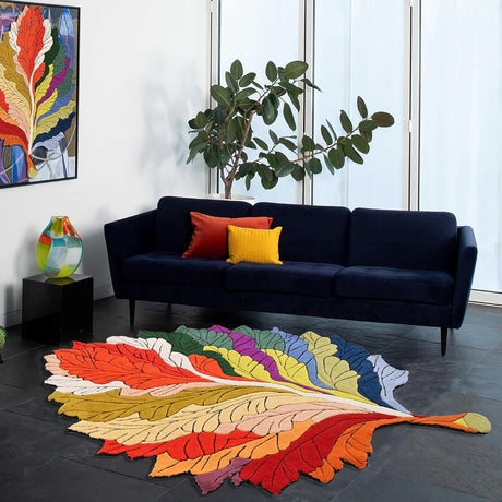 Handmade Irregular Leaf Shaped Wool Area Rug | Unique, Contemporary Colorful Botanical Design, Thick & Soft Carpet | Perfect for Living Room, Bedroom Decor, Dining Room Decor