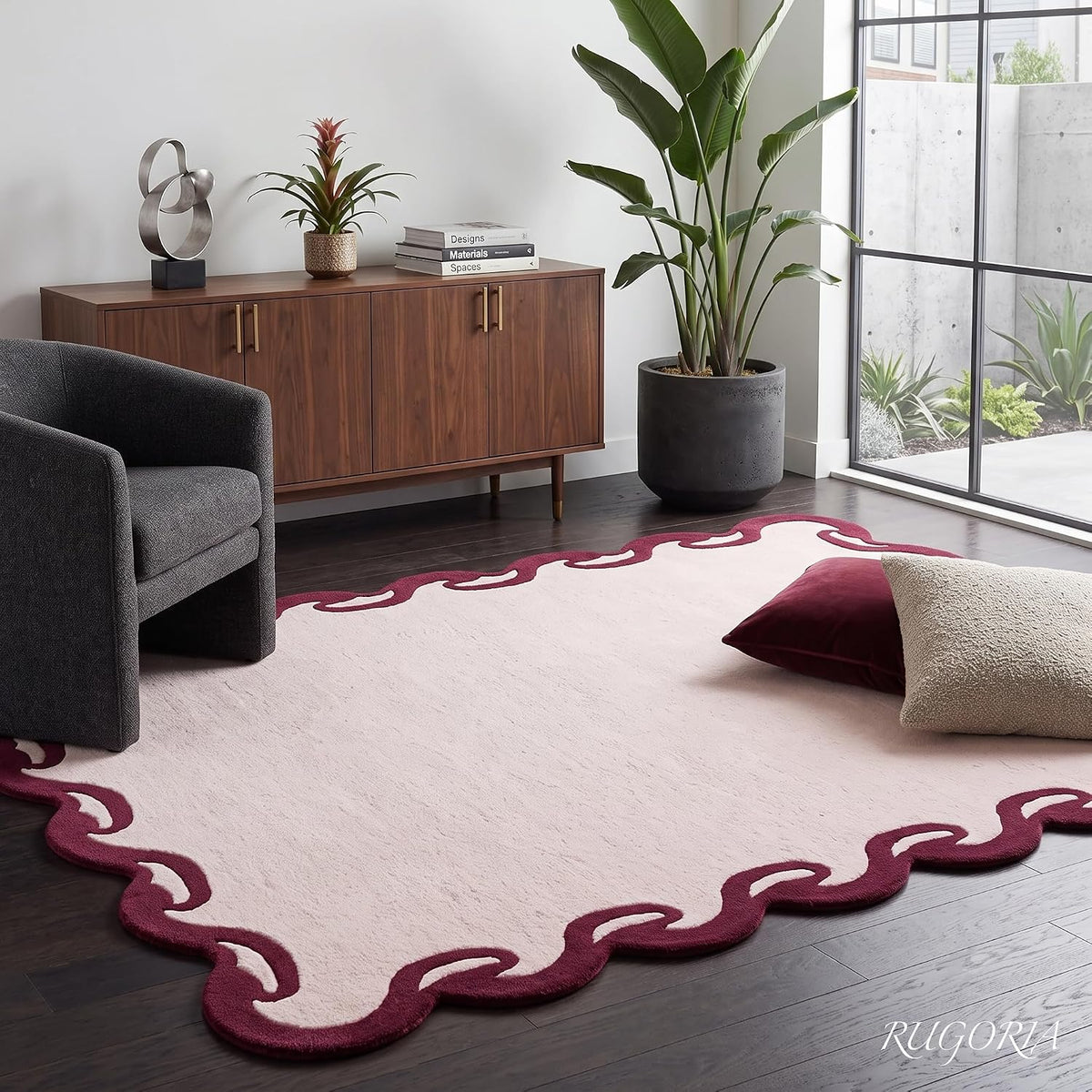 Hand-Tufted Wool Area Rug Scalloped Wave Border,