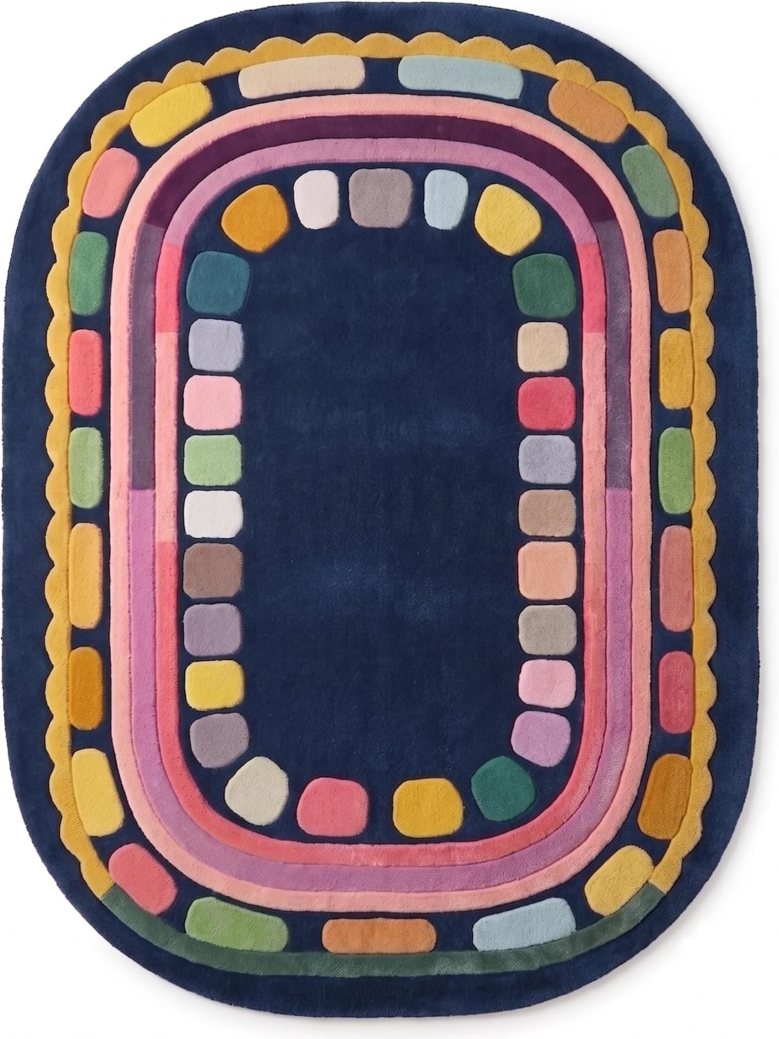Hand Tufted Wool Rug, Rounded Rectangle Geometric Border Design,