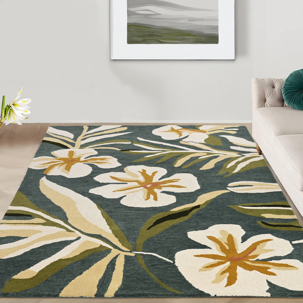 Hand-Tufted Wool Area Rug with Tropical Floral Design
