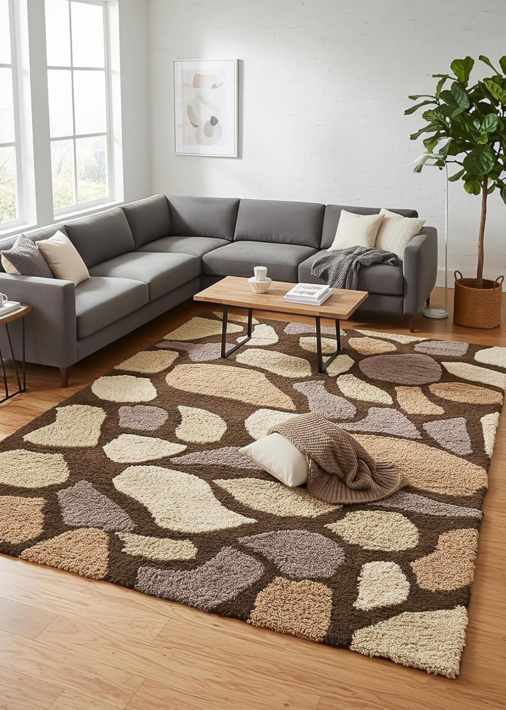 Abstract Geometric Wool Rug – Pebble Stone Pattern | Hand-Crafted Soft Washable Carpet