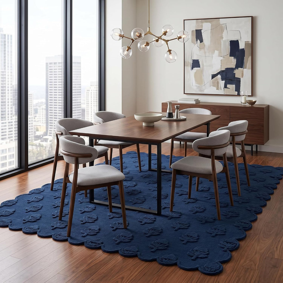 Hand Tufted Wool Rug, Floral Botanical Pattern with Scalloped