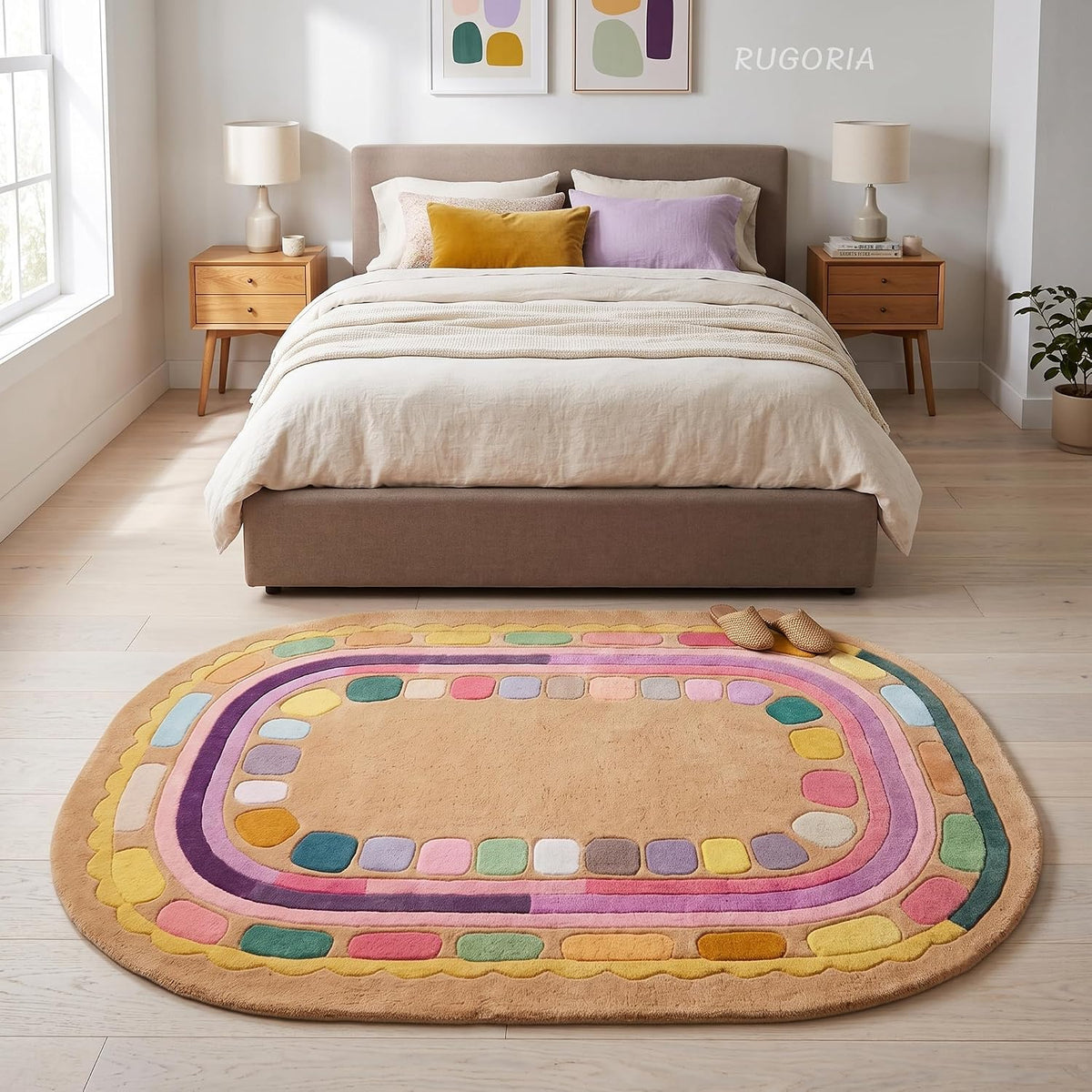 Hand Tufted Wool Rug, Rounded Rectangle Geometric Border Design,