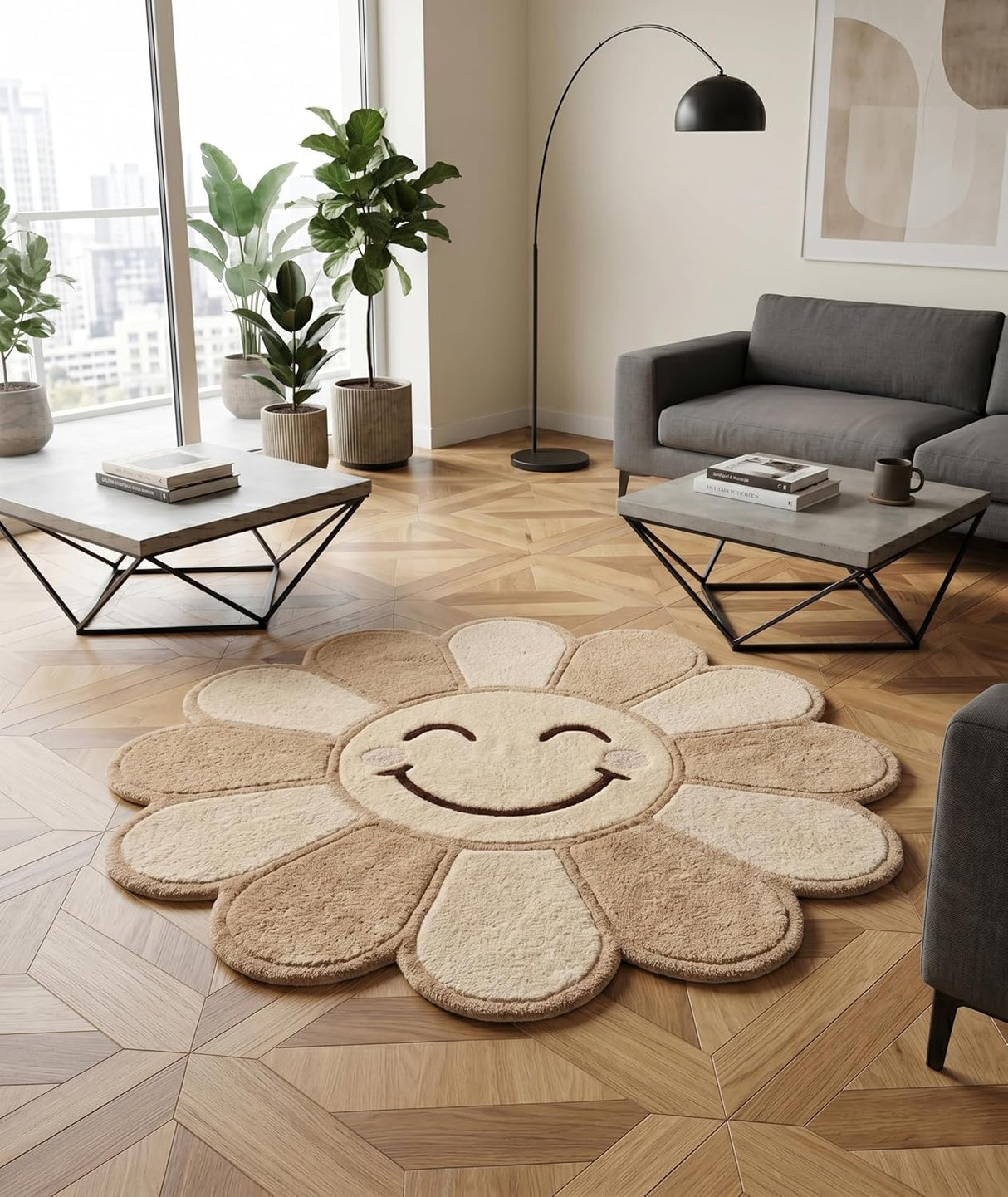 Hand Tufted Wool Area Rug Flower Shape Cartoon Face Design