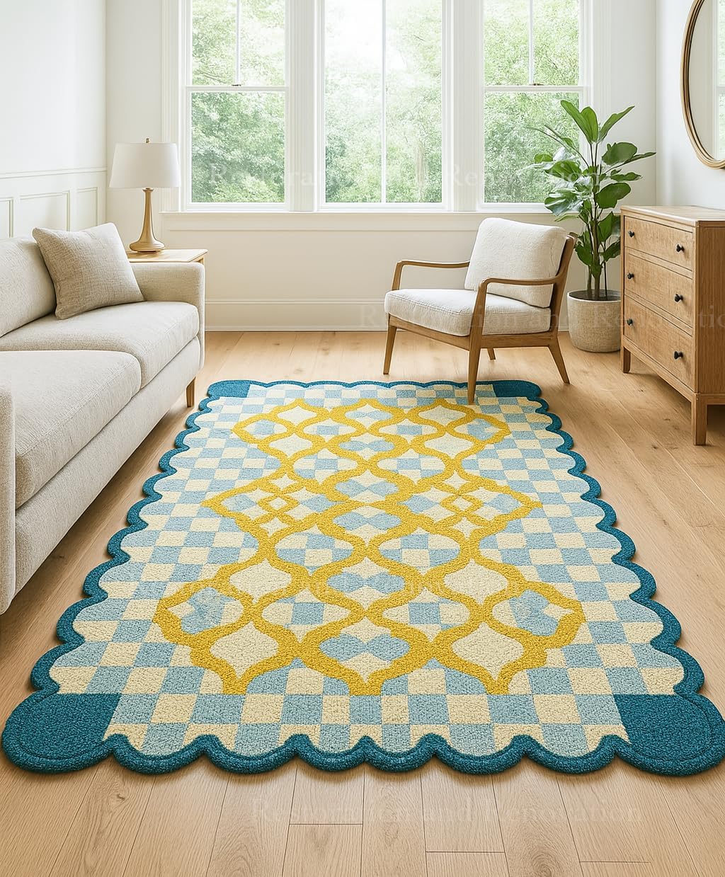 Hand-Tufted Wool Rug with Scalloped Edges