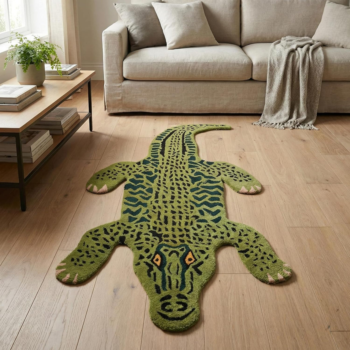 Handmade 100% Wool Area Rug with Realistic Crocodile-Inspired Animal Print Design