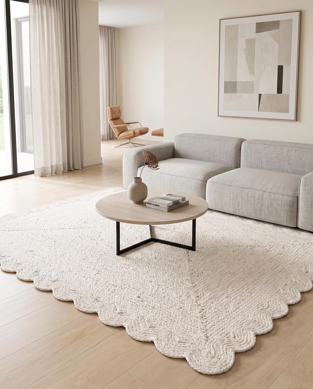 Handwoven Jute Rug with Scalloped Border, Natural Fiber Indoor Rug