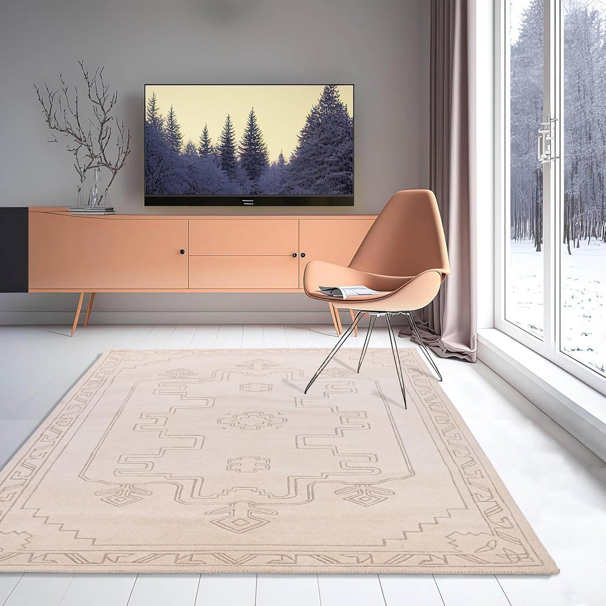 Handmade Wool Area Rug - Beige Tribal Geometric Pattern | Large, Soft & Plush Hand-Tufted Carpet | Modern Boho Neutral Living Room, Bedroom, Dining Room & Office Décor