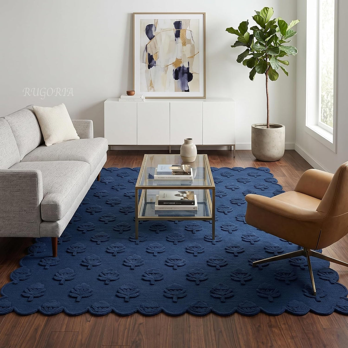 Hand Tufted Wool Rug, Floral Botanical Pattern with Scalloped