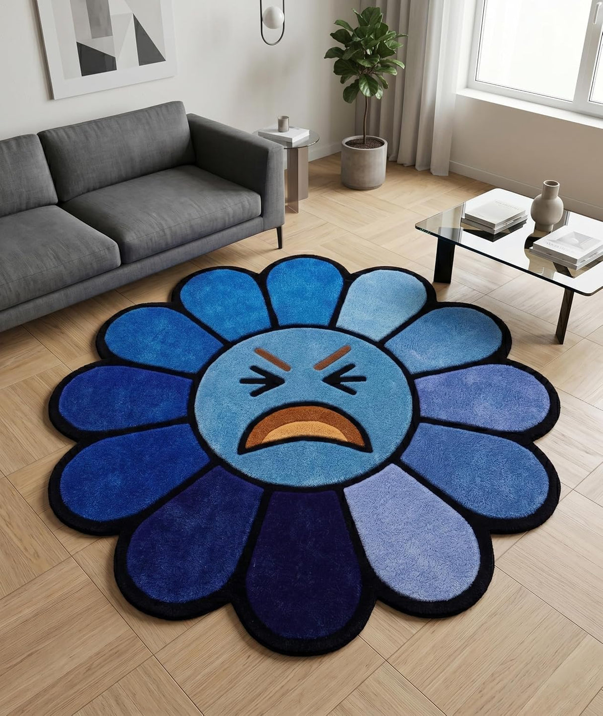 Hand Tufted Wool Area Rug Flower Shape Cartoon Face Design