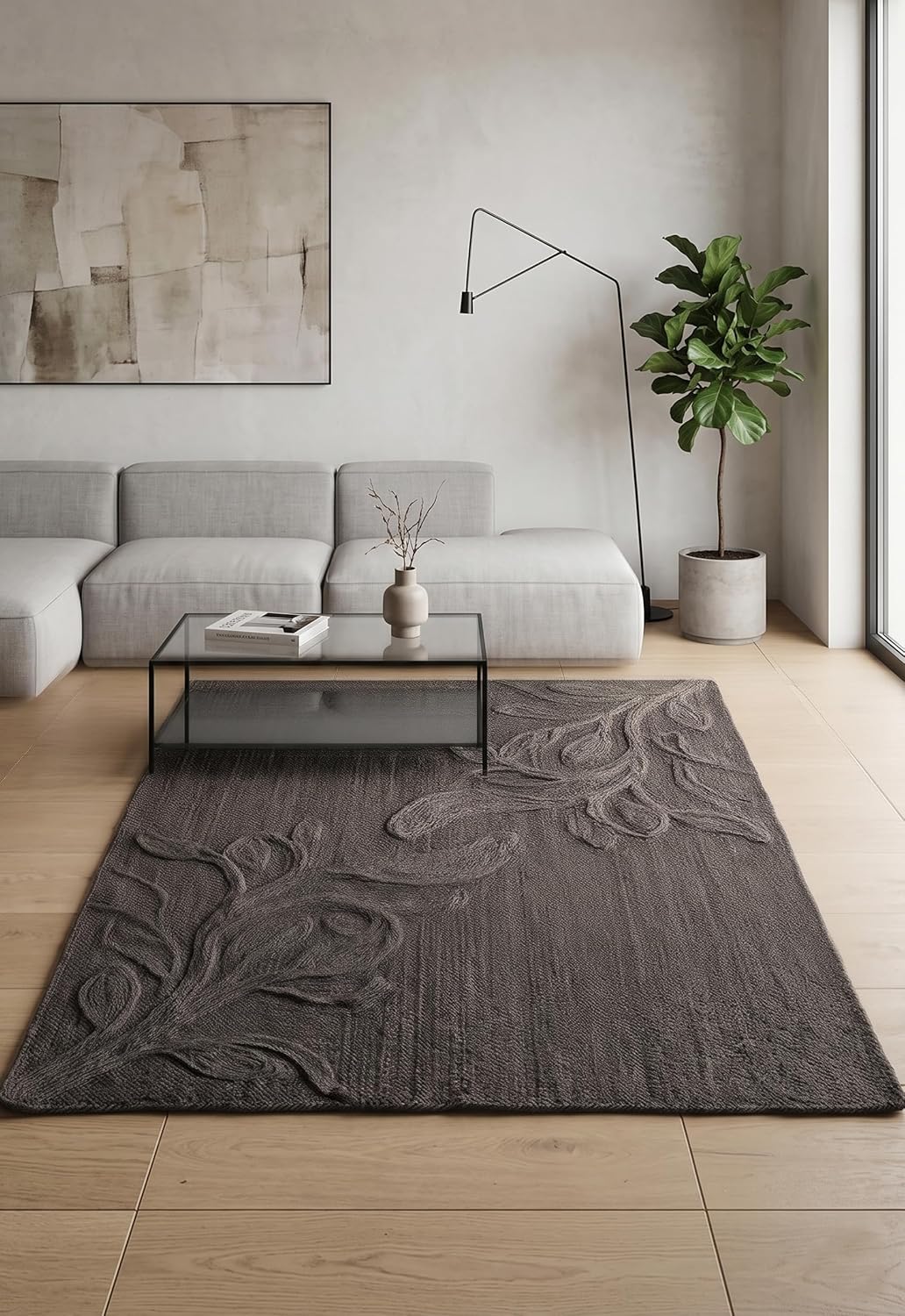 Handwoven Jute Rug with Textured Floral Border Design, Natural Fiber Rug