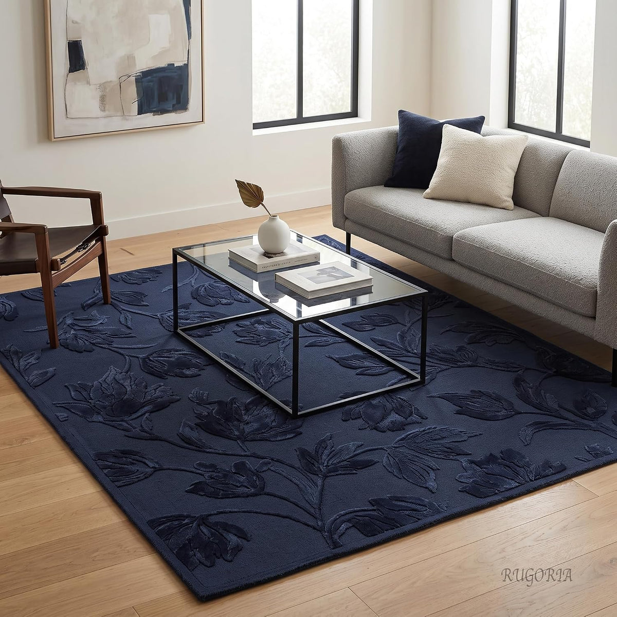 Hand Tufted Floral Wool Area Rug, Raised Botanical Carved Design