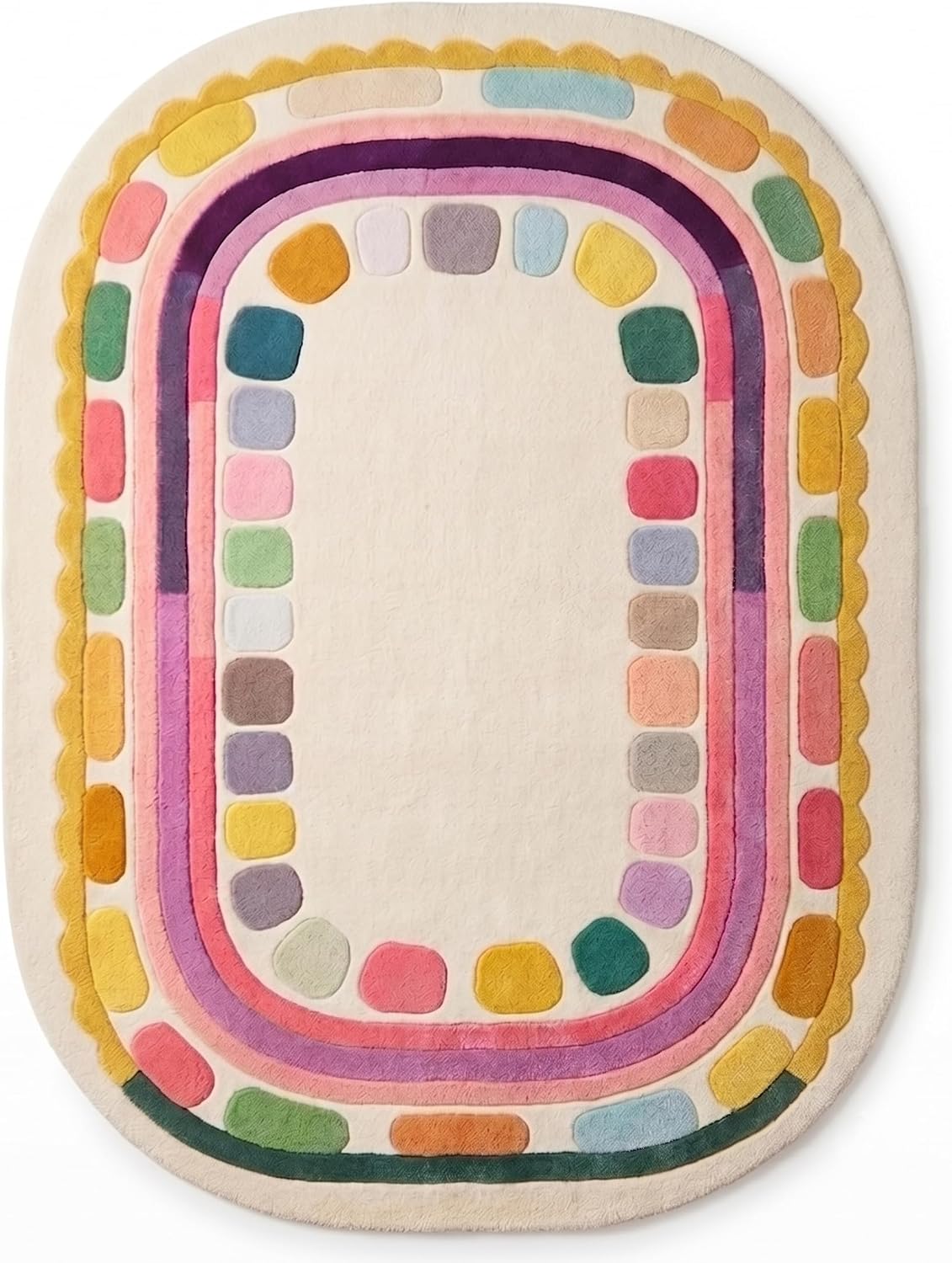 Hand Tufted Wool Rug, Rounded Rectangle Geometric Border Design,