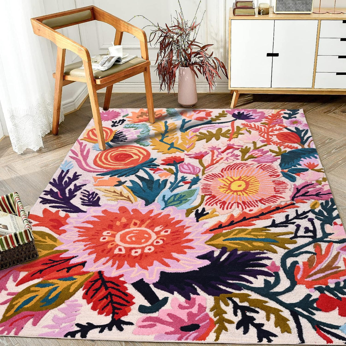 Hand-Tufted Wool Floral Area Rug – Colorful Botanical Garden Design