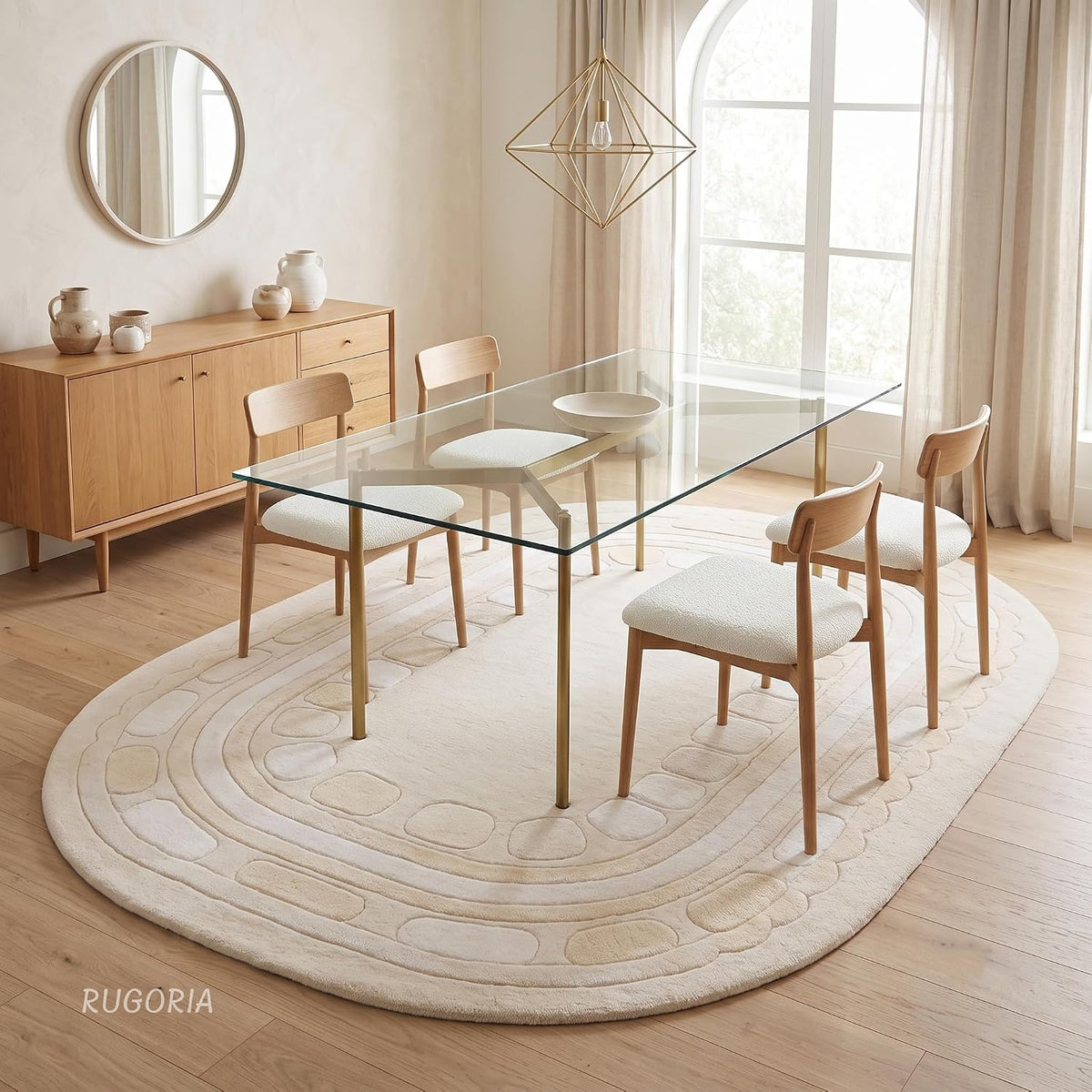 Hand Tufted Wool Rug, Rounded Rectangle Geometric Border Design,