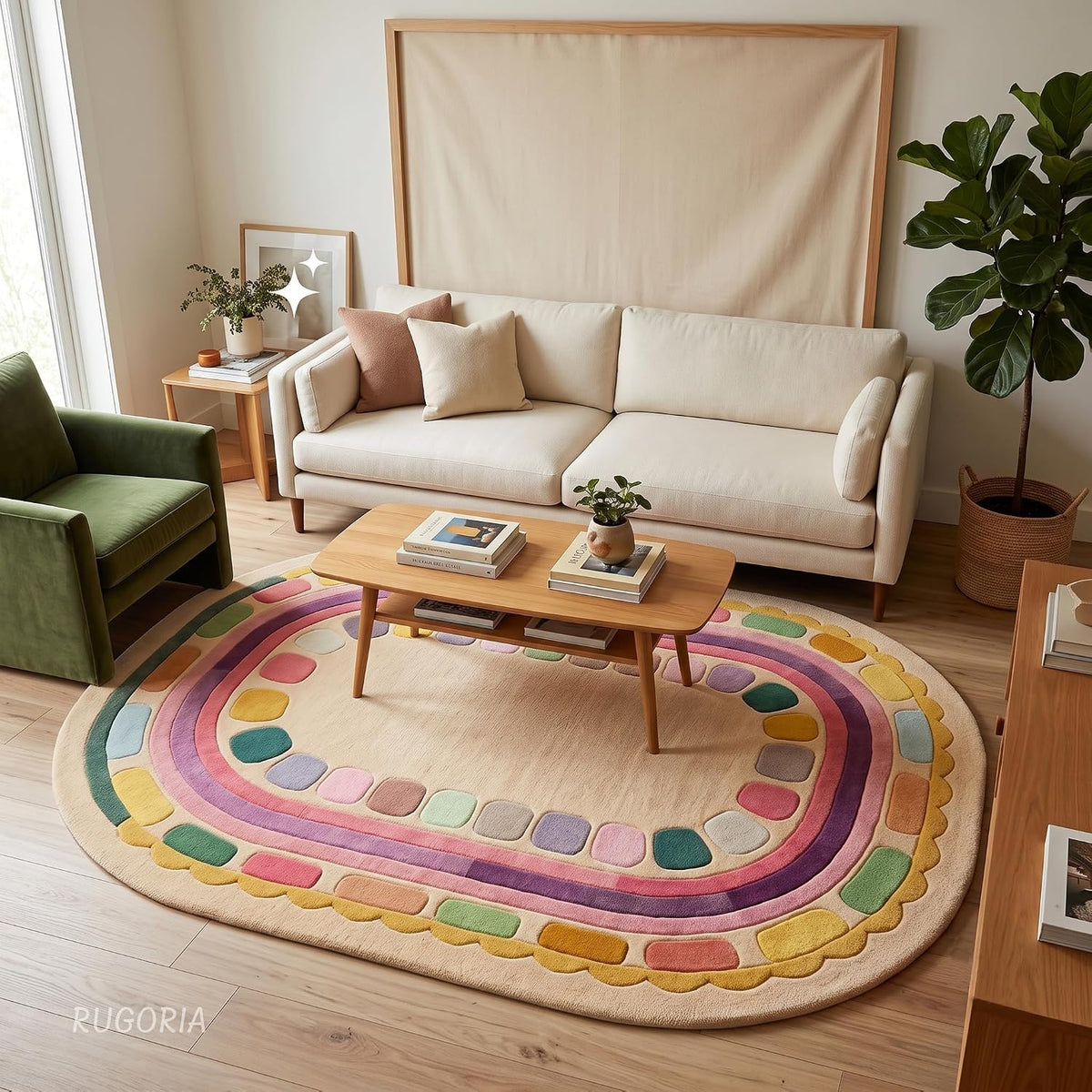 Hand Tufted Wool Rug, Rounded Rectangle Geometric Border Design,