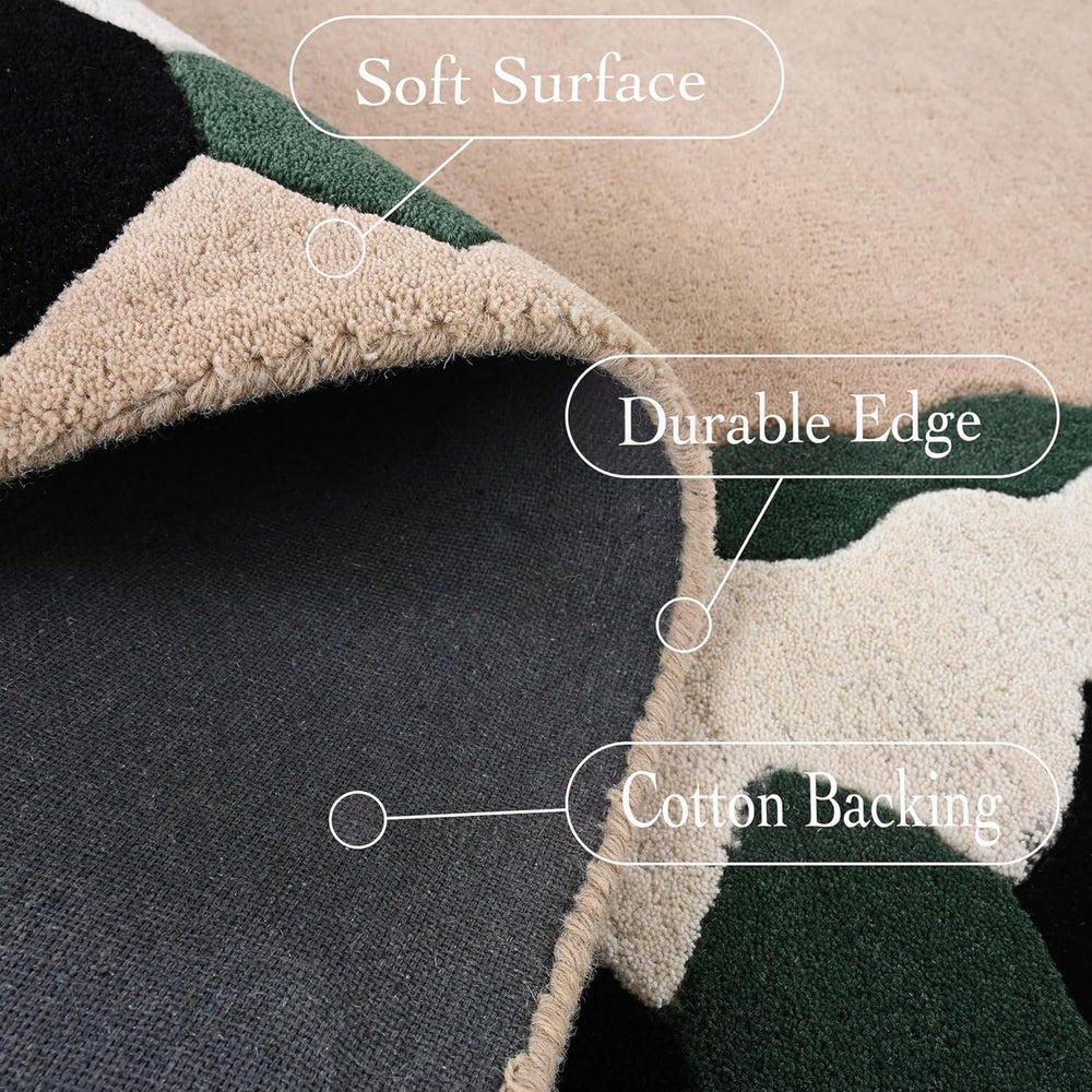 Hand-Tufted Wool Rug – Geometric Border Design in Black, Green & Beige