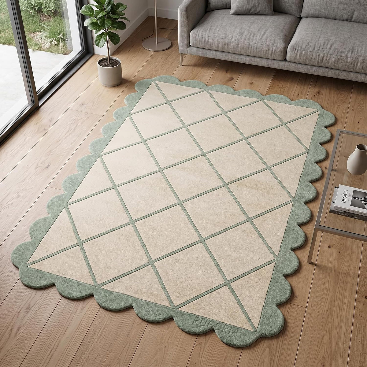 Modern Hand Tufted Wool Rug, Scalloped Border, Geometric Diamond Pattern,