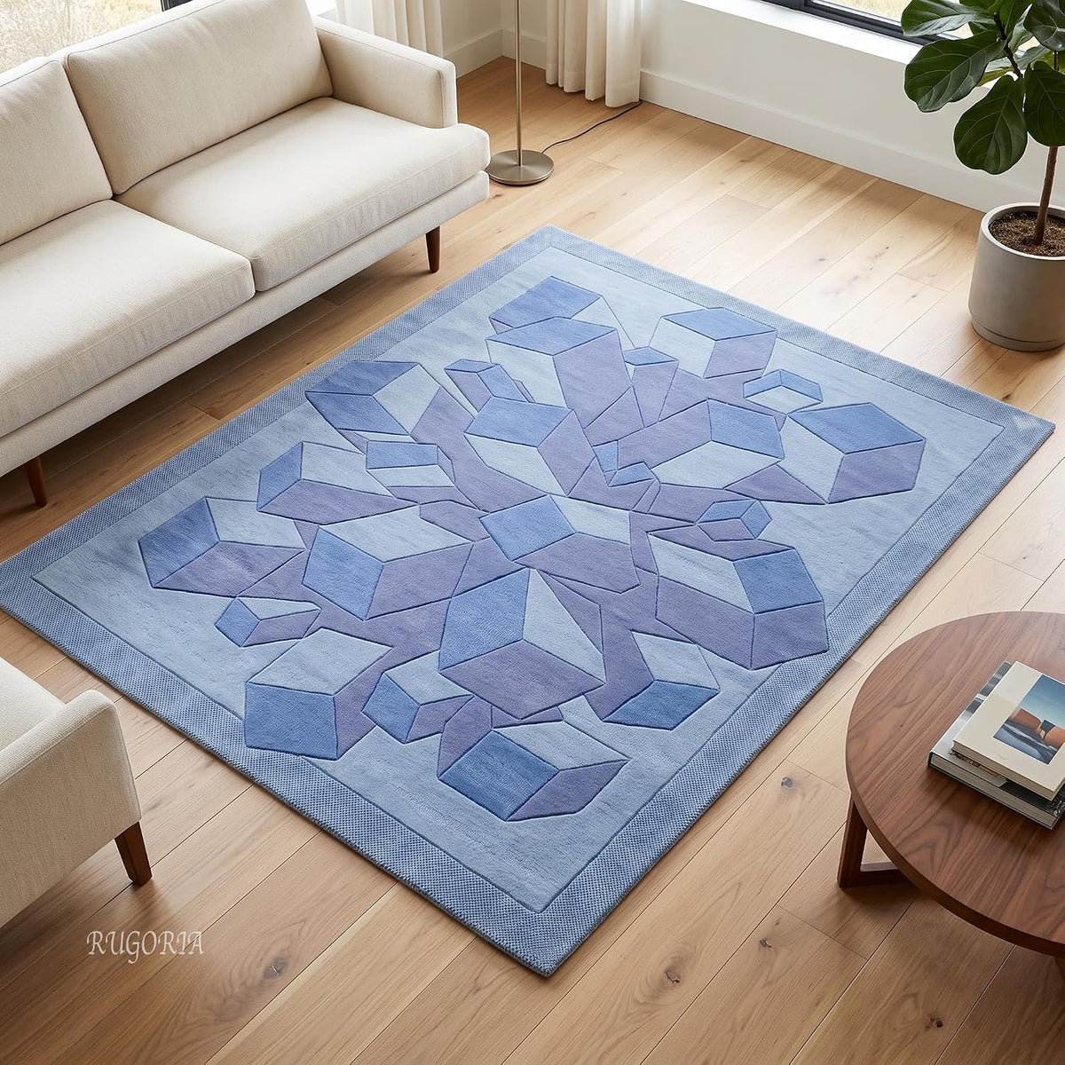 Hand-Tufted Wool Area Rug, 3D Cube Design