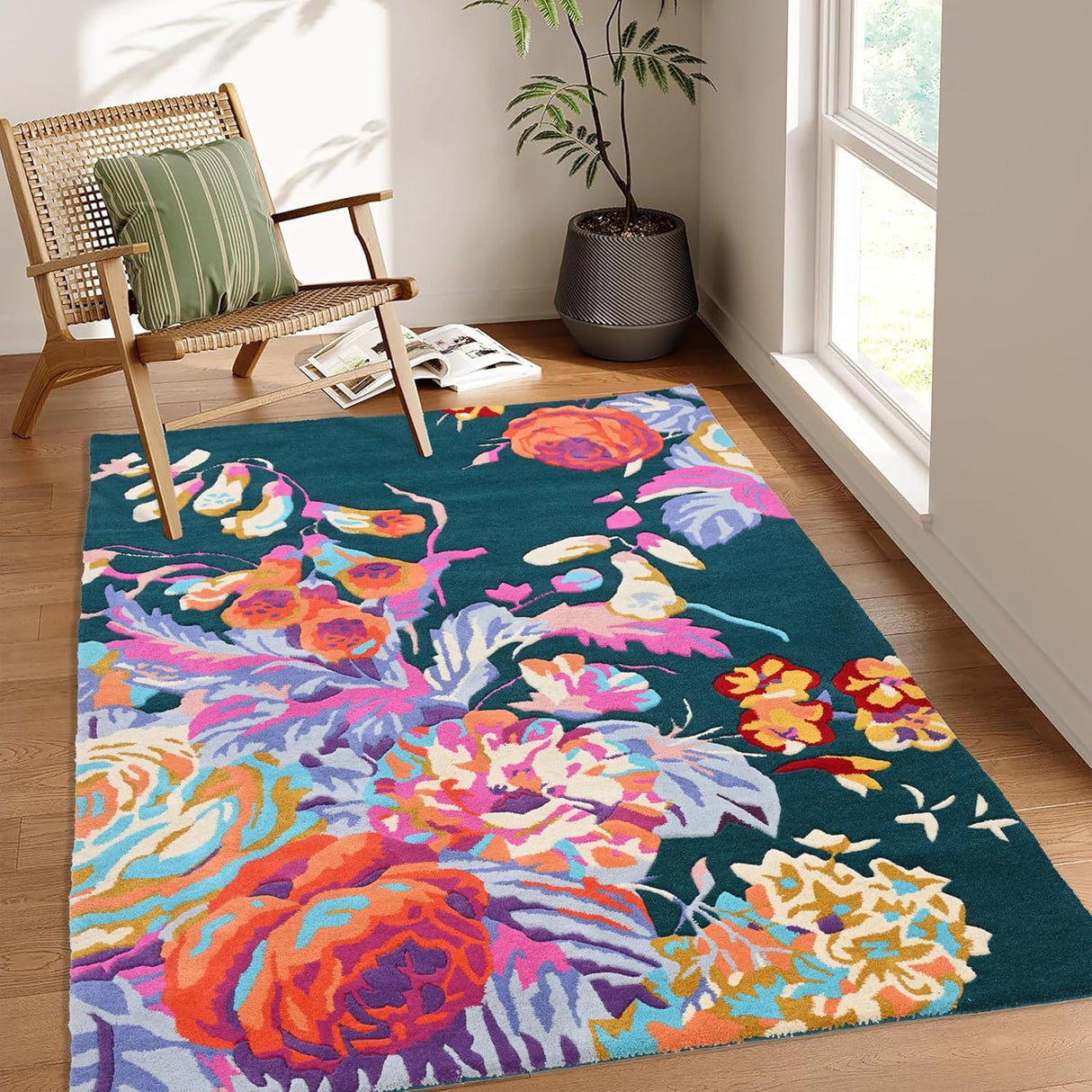 Modern Rose Floral Wool Rug | Colorful Garden Flower Design Carpet