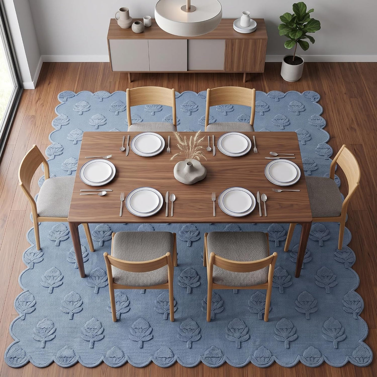 Hand Tufted Wool Rug, Floral Botanical Pattern with Scalloped