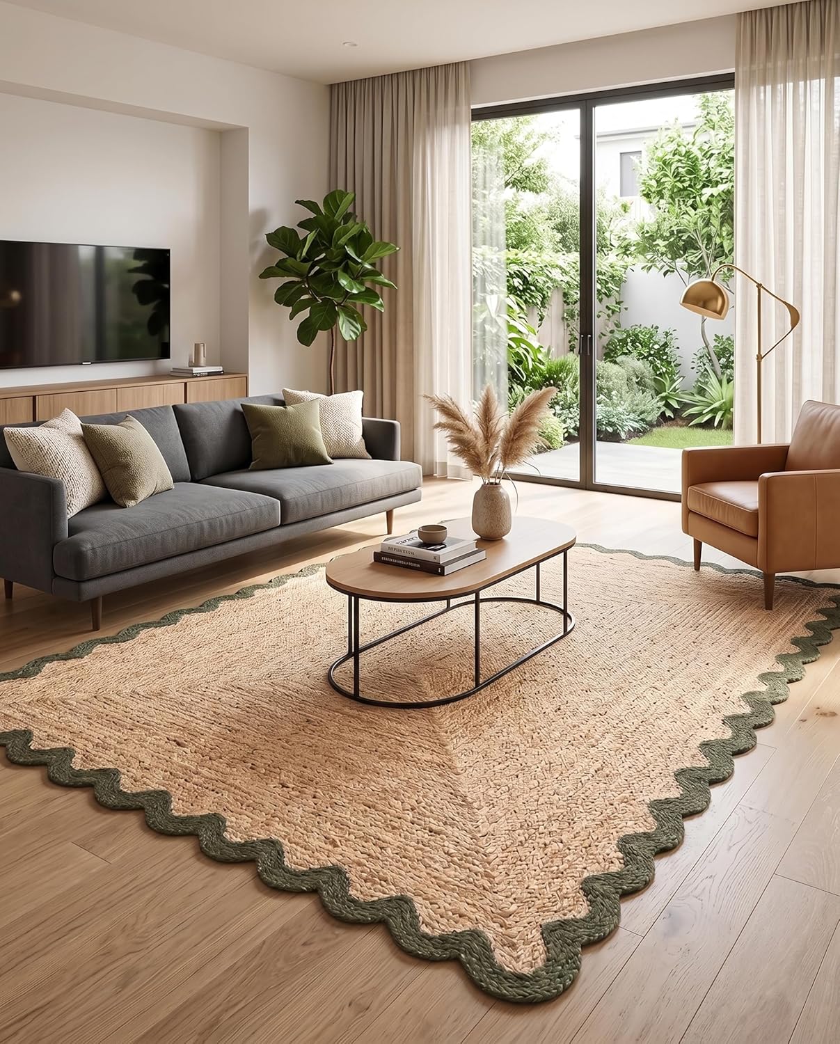 Handwoven Jute Rug with Scalloped Border, Natural Fiber Indoor Rug