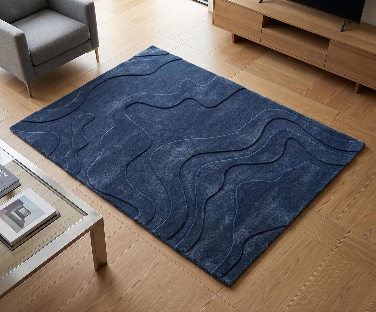 Modern Abstract Hand-Tufted Wool Area Rug Carved High-Low Pattern