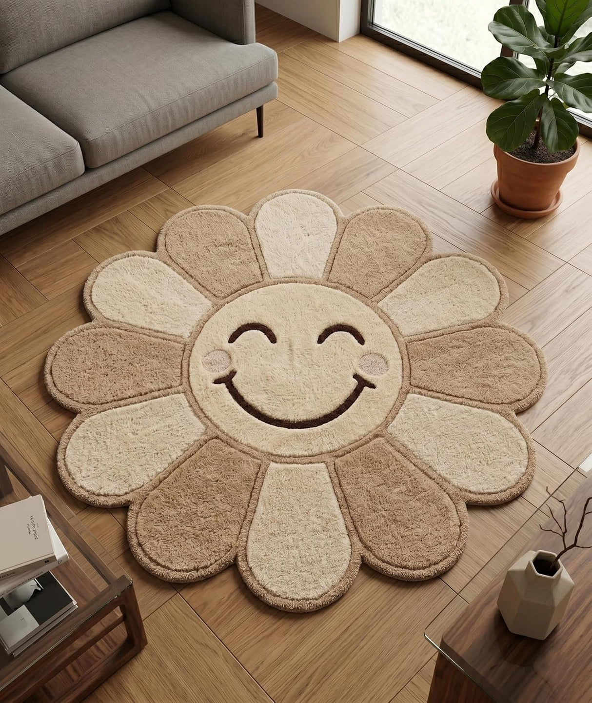 Hand Tufted Wool Area Rug Flower Shape Cartoon Face Design