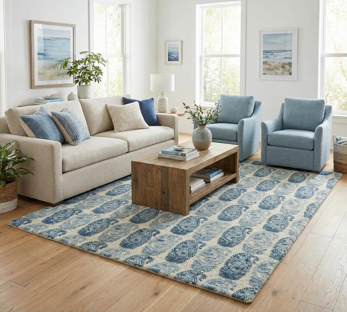 Hand-Tufted Area Rug with Blue Paisley Design