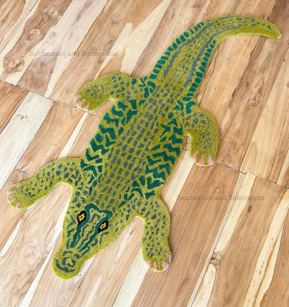 Handmade 100% Wool Area Rug with Realistic Crocodile-Inspired Animal Print Design