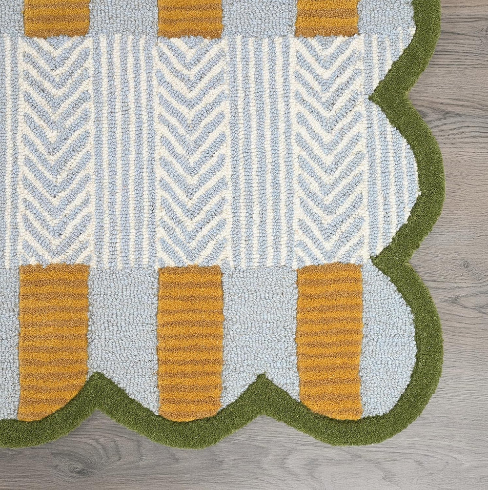 Handmade Scalloped Wool Area Rug - Modern Geometric Pattern & Green-Beige Stripes