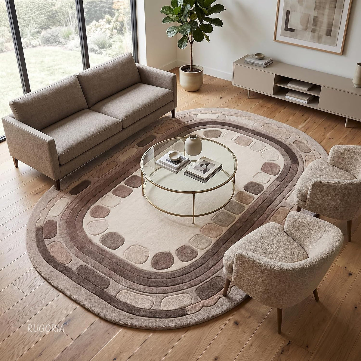 Hand Tufted Wool Rug, Rounded Rectangle Geometric Border Design,