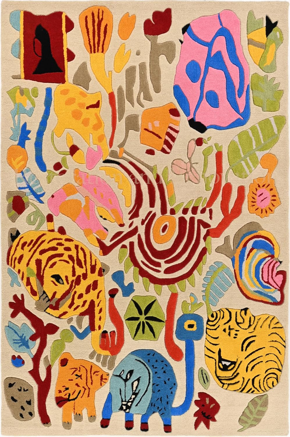 Handmade Artistic Animal Wool Area Rug – Colorful Kids’ Room & Nursery Carpet – Soft Plush Tufted Jungle Theme Rugs