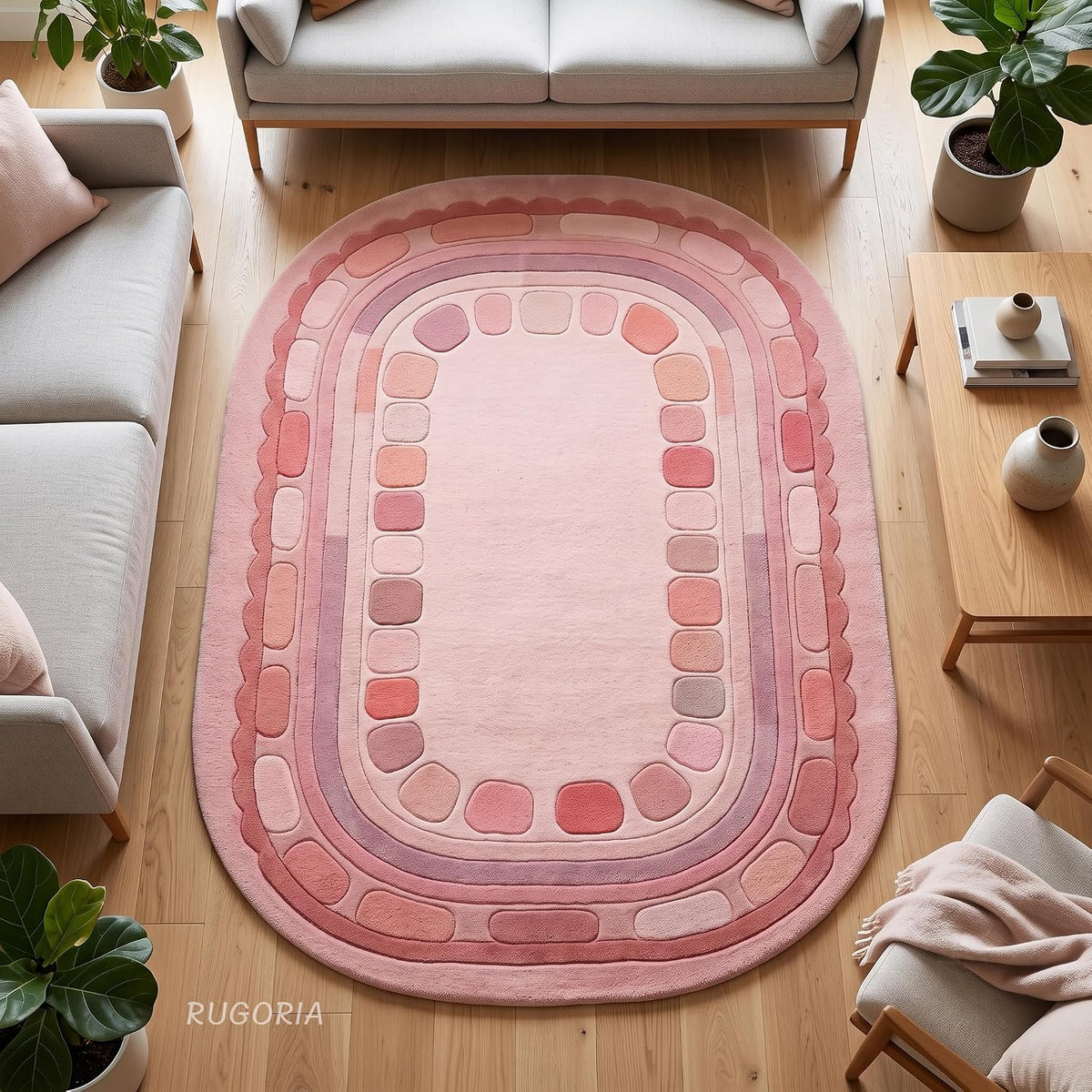 Hand Tufted Wool Rug, Rounded Rectangle Geometric Border Design,