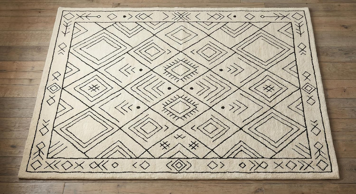 Modern Handmade Wool Rug, Ivory Black Diamond Geometric Design Carpet