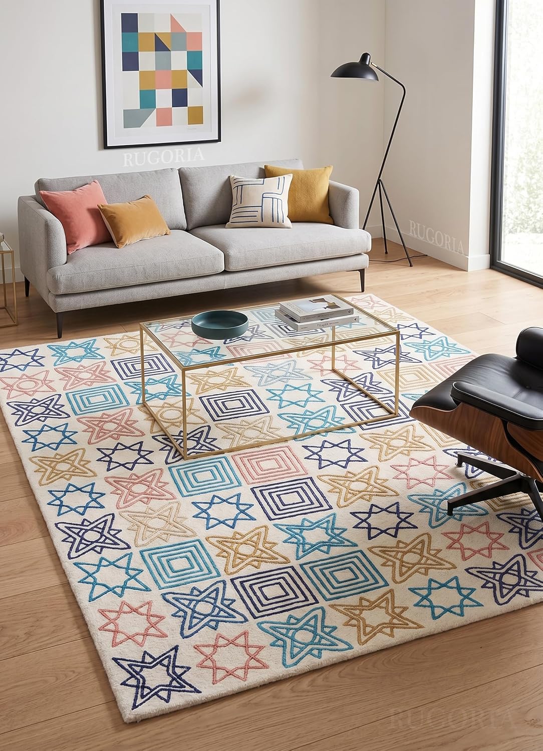 Modern Handmade Wool Rug, Colorful Geometric Star & Square Pattern