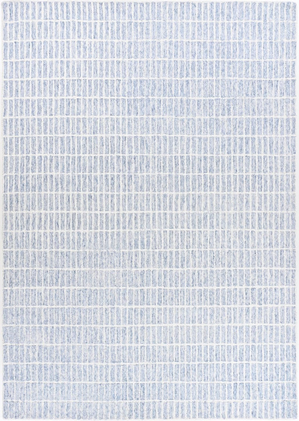 Close-up textured blue-white hand-tufted wool rug.