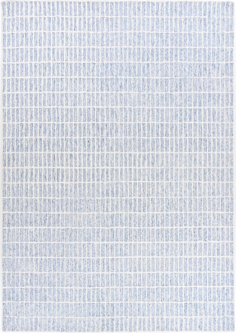 Close-up textured blue-white hand-tufted wool rug.