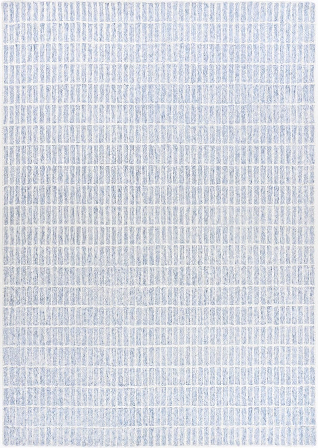 Close-up textured blue-white hand-tufted wool rug.