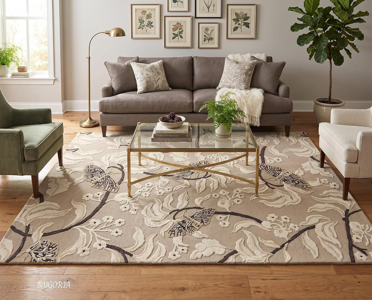 Hand Tufted Wool Rug, Floral Butterfly Botanical Pattern