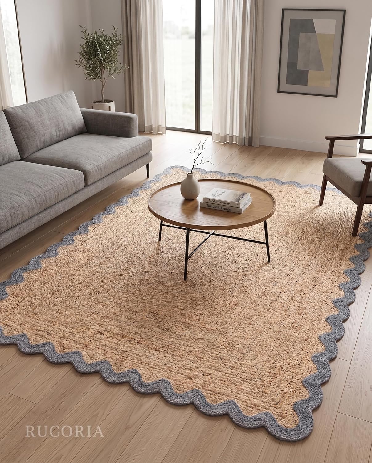 Handwoven Jute Rug with Scalloped Border, Natural Fiber Indoor Rug
