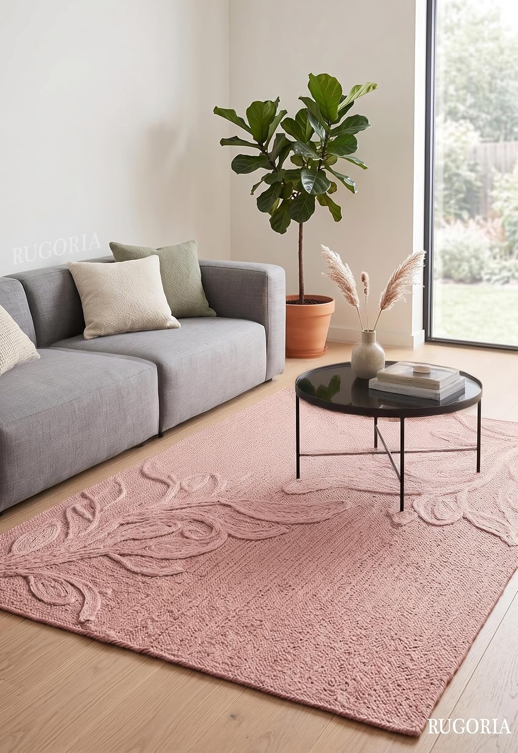 Handwoven Jute Rug with Textured Floral Border Design, Natural Fiber Rug
