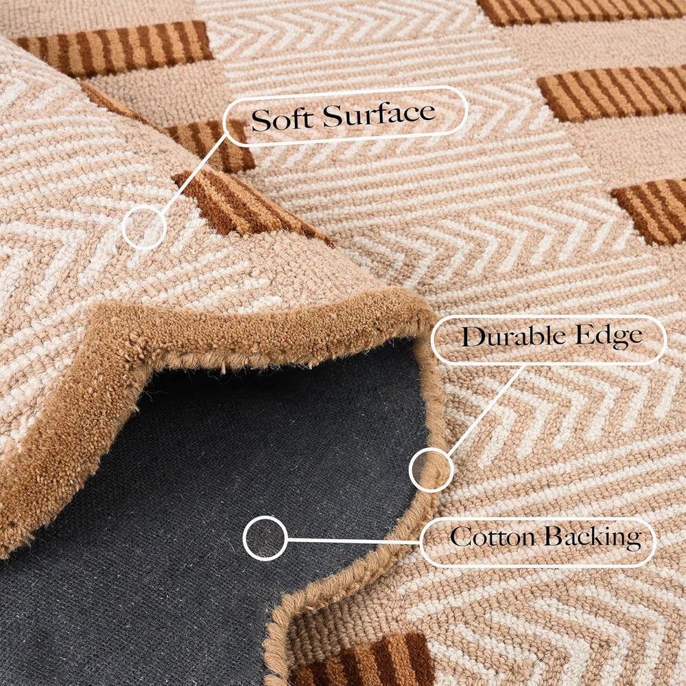 Handmade Scalloped Wool Area Rug - Modern Geometric Pattern & Green-Beige Stripes